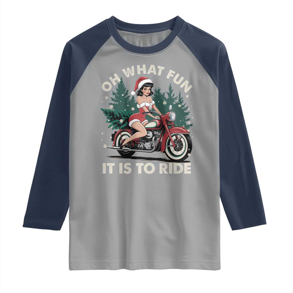 Funny Christmas Motorbike Raglan Shirt Oh What Fun It Is To Ride Female Santa Biker - Wonder Print Shop