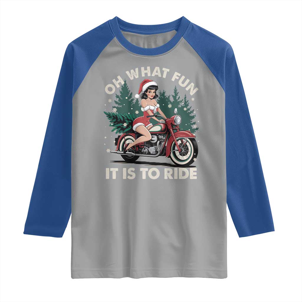 Funny Christmas Motorbike Raglan Shirt Oh What Fun It Is To Ride Female Santa Biker - Wonder Print Shop