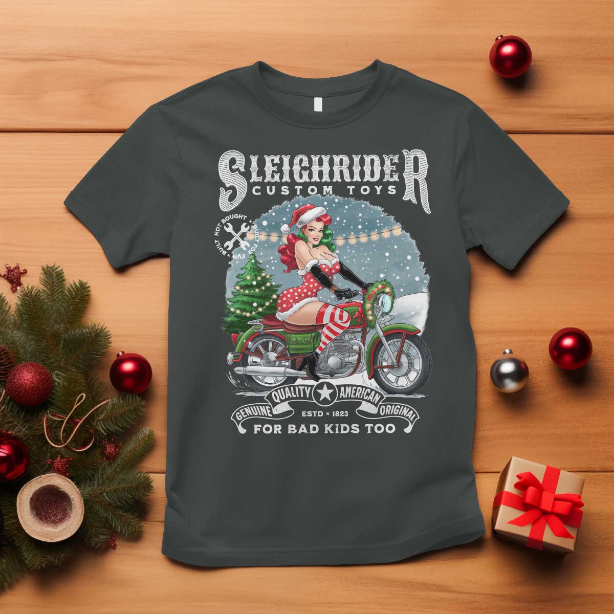 Christmas Female Santa Motorcycle T Shirt Sleighrider Custom Toys For Bad Kids Too - Wonder Print Shop