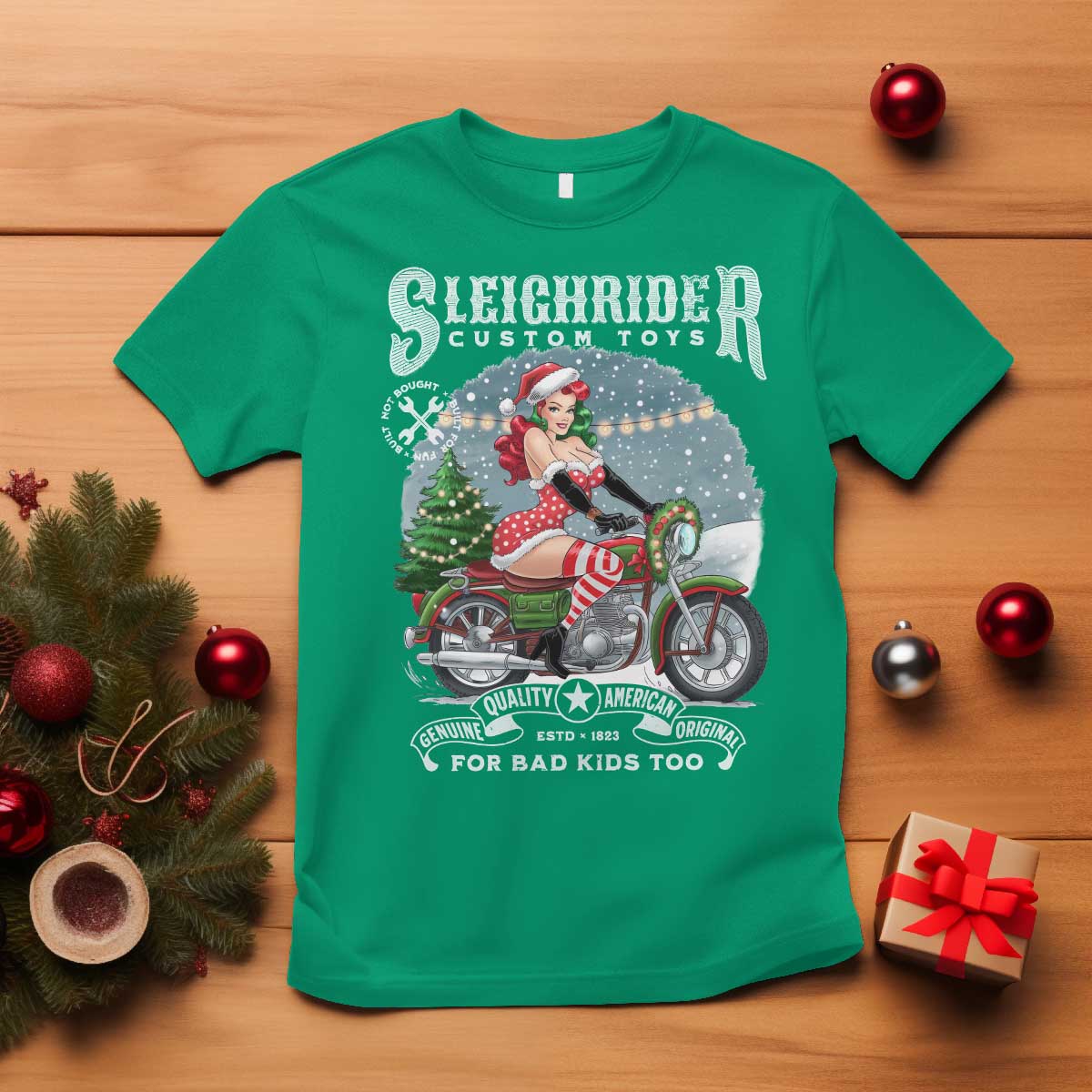 Christmas Female Santa Motorcycle T Shirt Sleighrider Custom Toys For Bad Kids Too - Wonder Print Shop