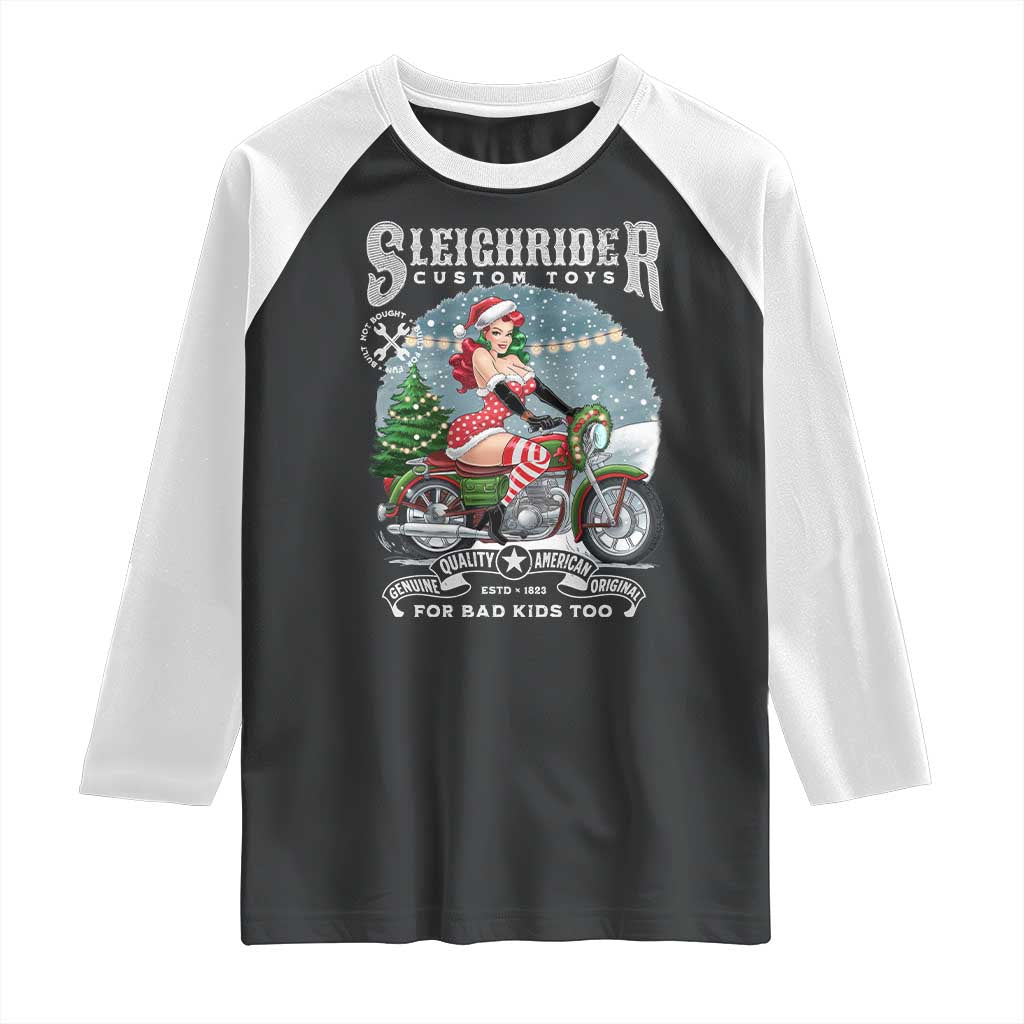 Christmas Female Santa Motorcycle Raglan Shirt Sleighrider Custom Toys For Bad Kids Too - Wonder Print Shop
