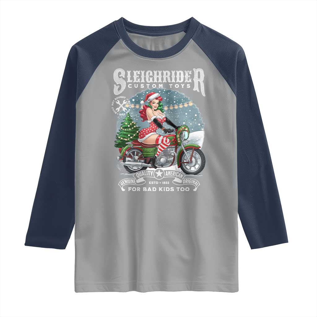 Christmas Female Santa Motorcycle Raglan Shirt Sleighrider Custom Toys For Bad Kids Too - Wonder Print Shop