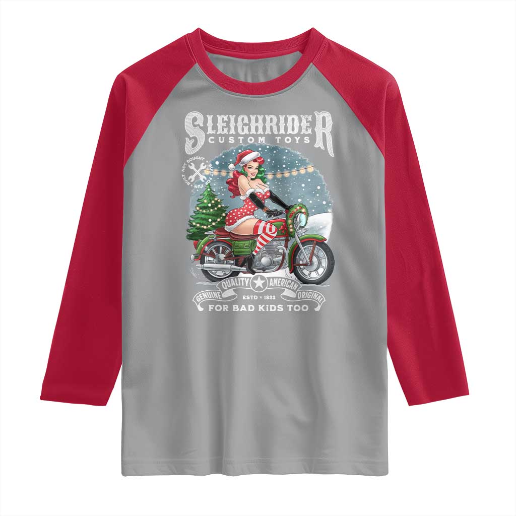 Christmas Female Santa Motorcycle Raglan Shirt Sleighrider Custom Toys For Bad Kids Too - Wonder Print Shop