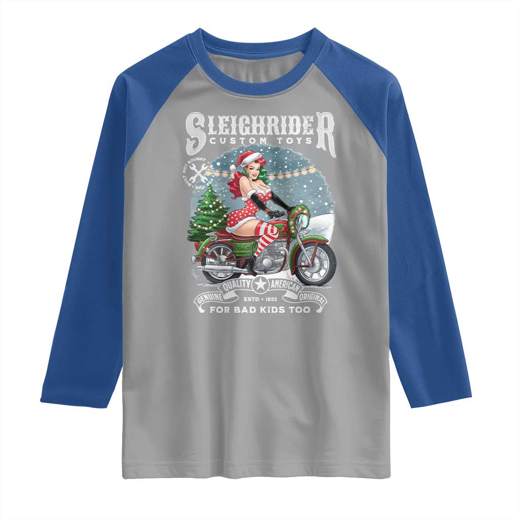 Christmas Female Santa Motorcycle Raglan Shirt Sleighrider Custom Toys For Bad Kids Too - Wonder Print Shop