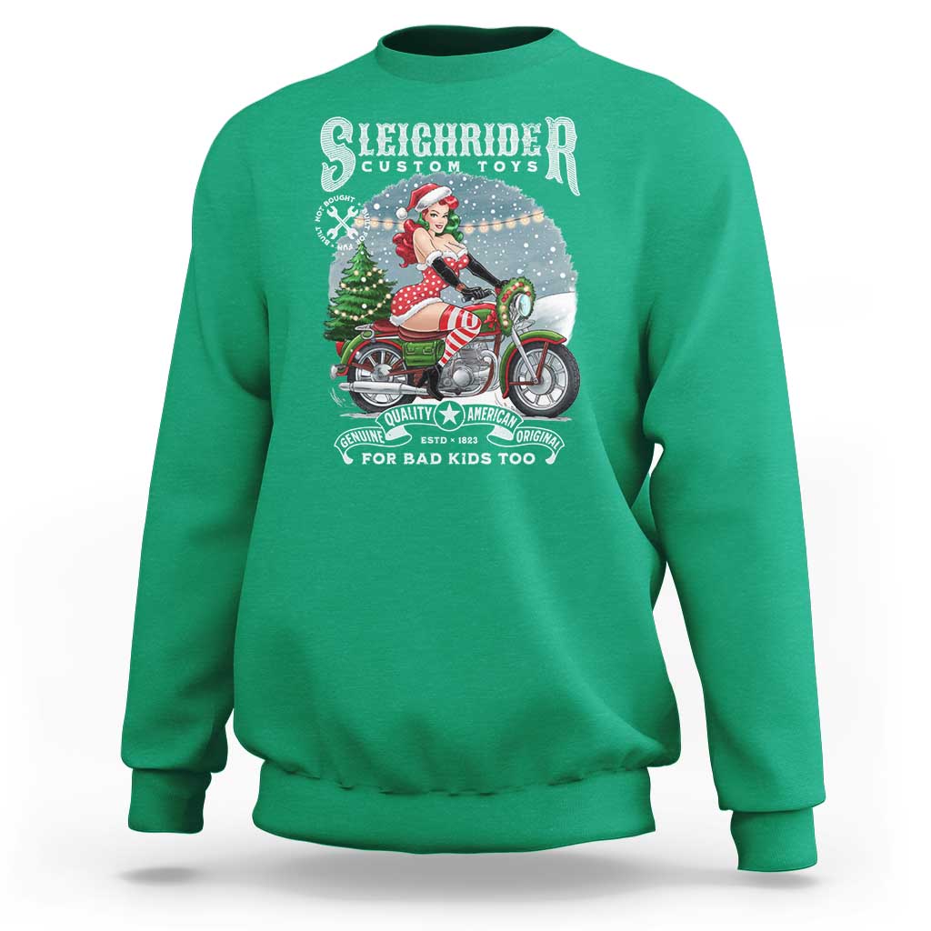 Christmas Female Santa Motorcycle Sweatshirt Sleighrider Custom Toys For Bad Kids Too - Wonder Print Shop