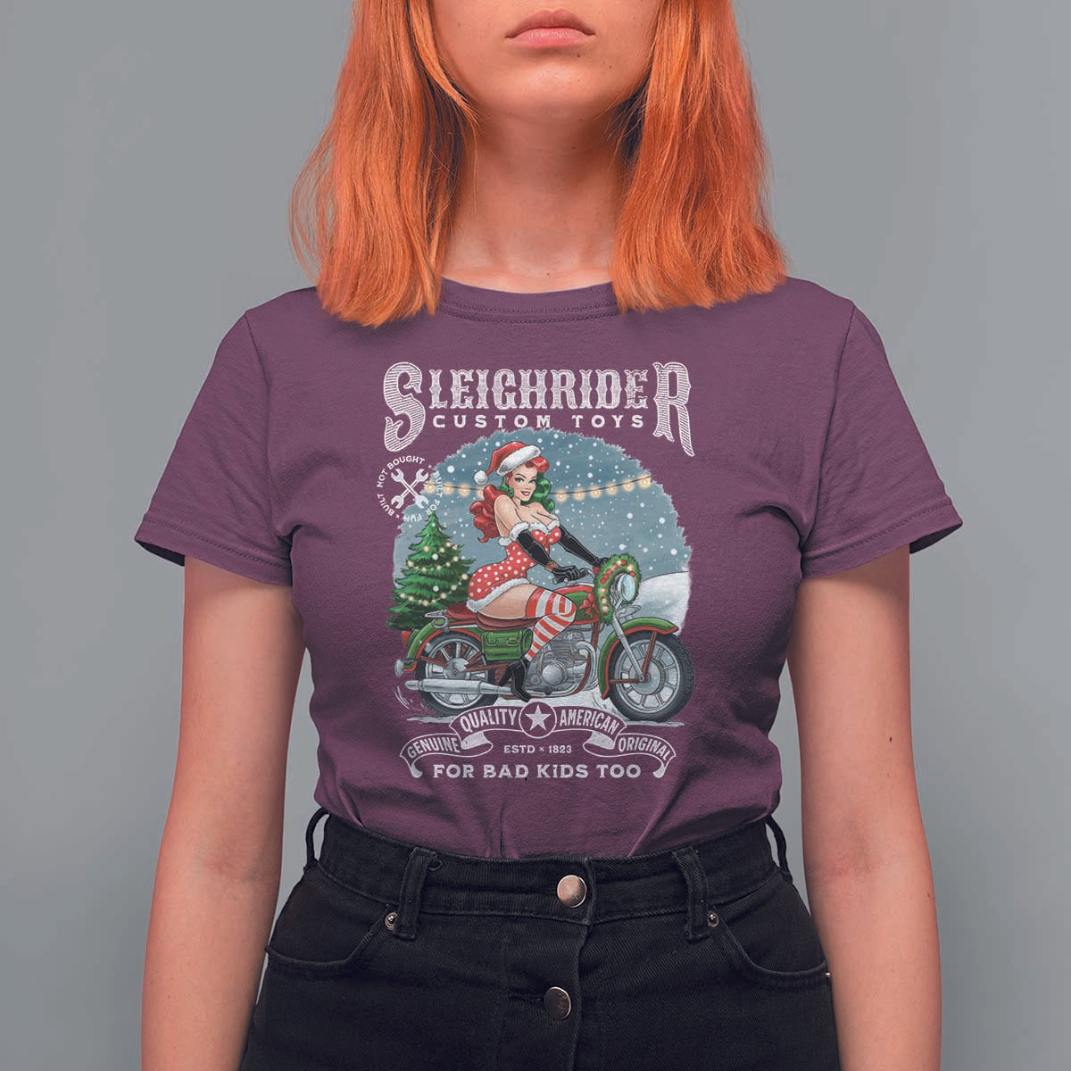 Christmas Female Santa Motorcycle T Shirt For Women Sleighrider Custom Toys For Bad Kids Too - Wonder Print Shop