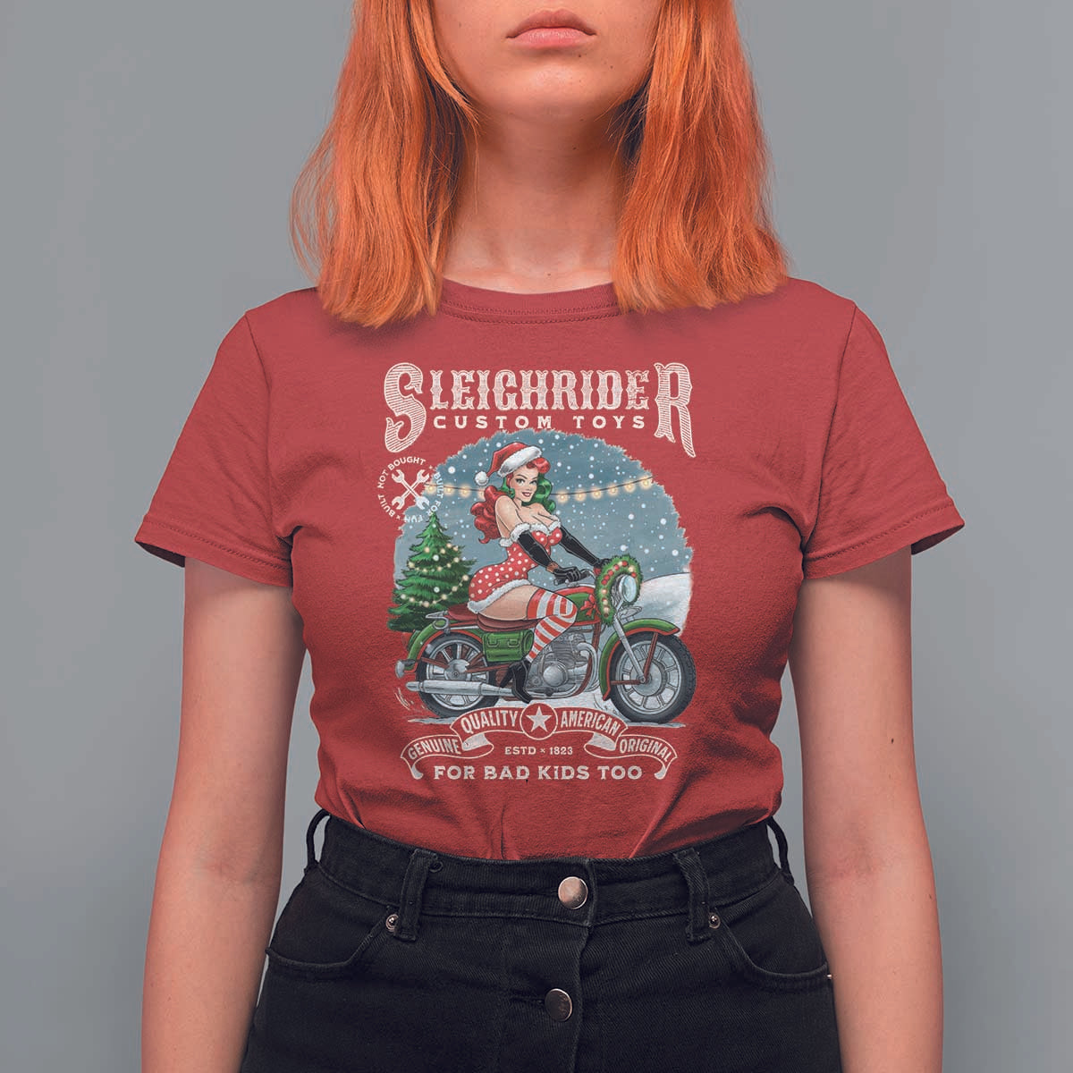 Christmas Female Santa Motorcycle T Shirt For Women Sleighrider Custom Toys For Bad Kids Too - Wonder Print Shop