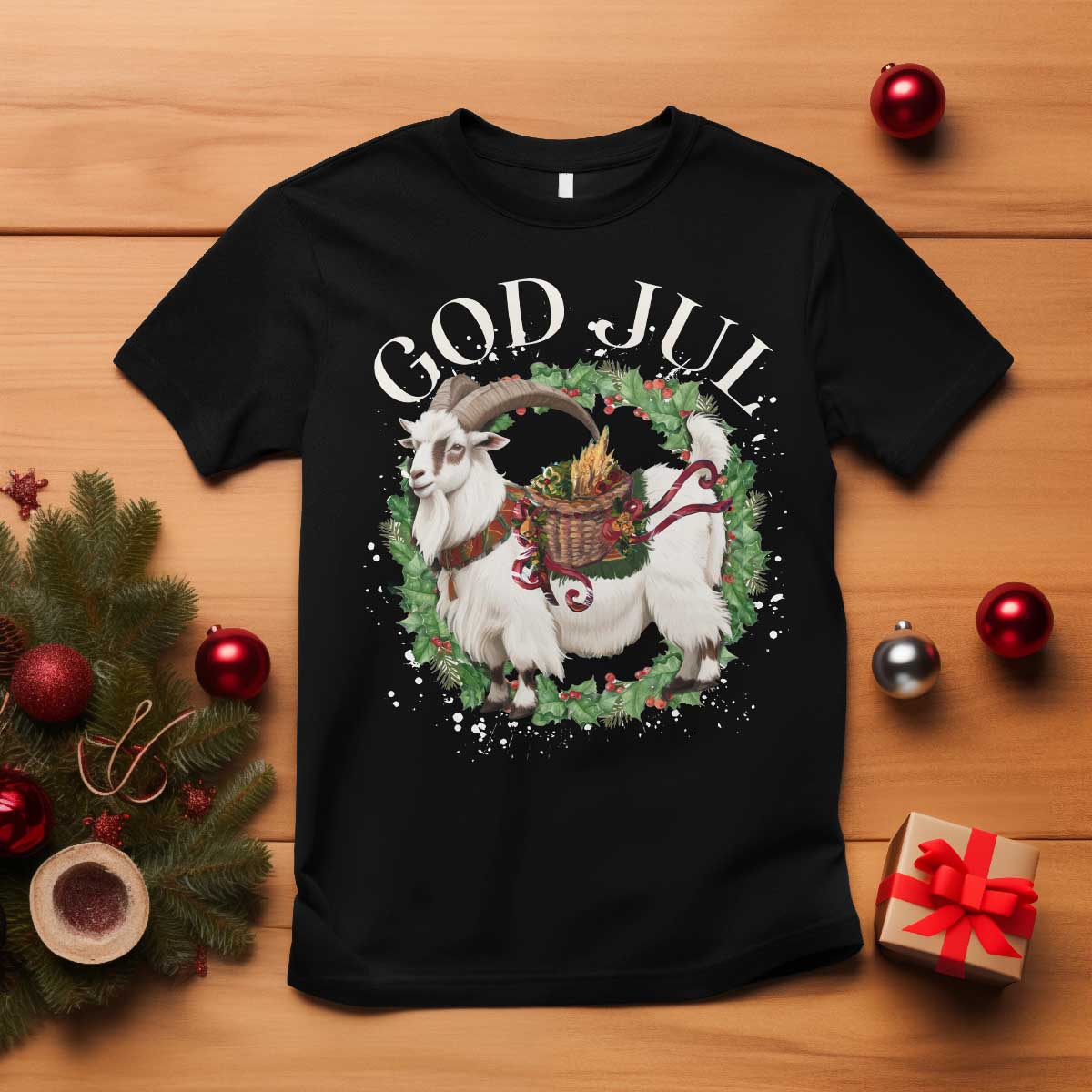 God Jul T Shirt Yule Goat Christmas Wreath Winter Solstice - Wonder Print Shop