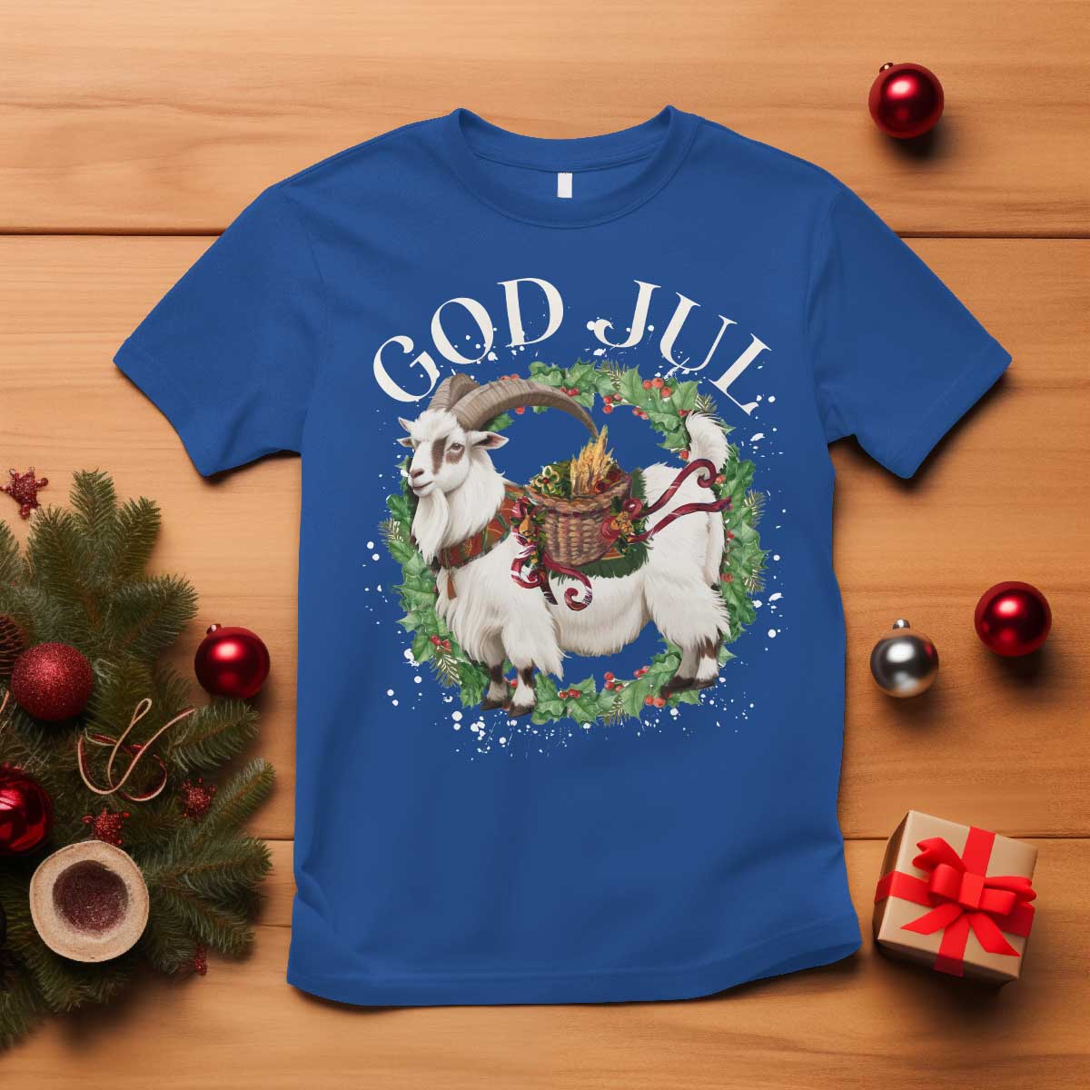 God Jul T Shirt Yule Goat Christmas Wreath Winter Solstice - Wonder Print Shop