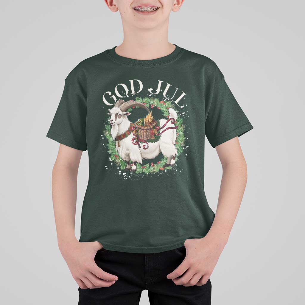 God Jul T Shirt For Kid Yule Goat Christmas Wreath Winter Solstice - Wonder Print Shop