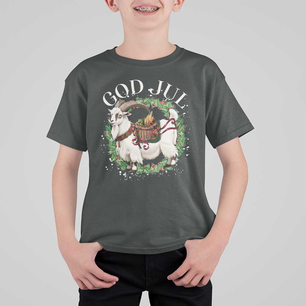 God Jul T Shirt For Kid Yule Goat Christmas Wreath Winter Solstice - Wonder Print Shop
