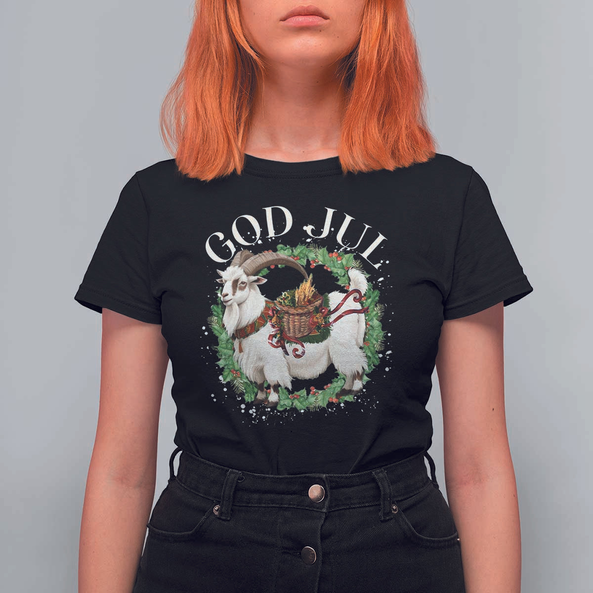 God Jul T Shirt For Women Yule Goat Christmas Wreath Winter Solstice - Wonder Print Shop