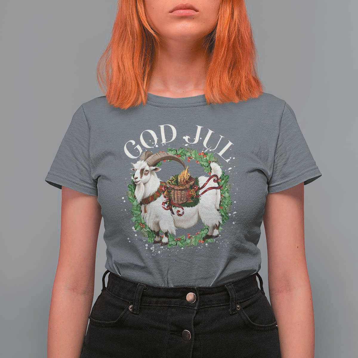 God Jul T Shirt For Women Yule Goat Christmas Wreath Winter Solstice - Wonder Print Shop