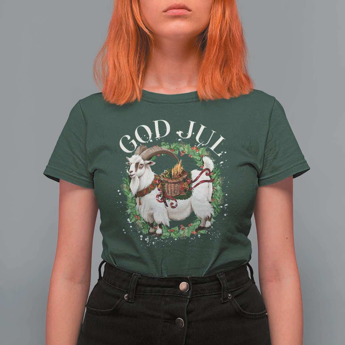 God Jul T Shirt For Women Yule Goat Christmas Wreath Winter Solstice - Wonder Print Shop