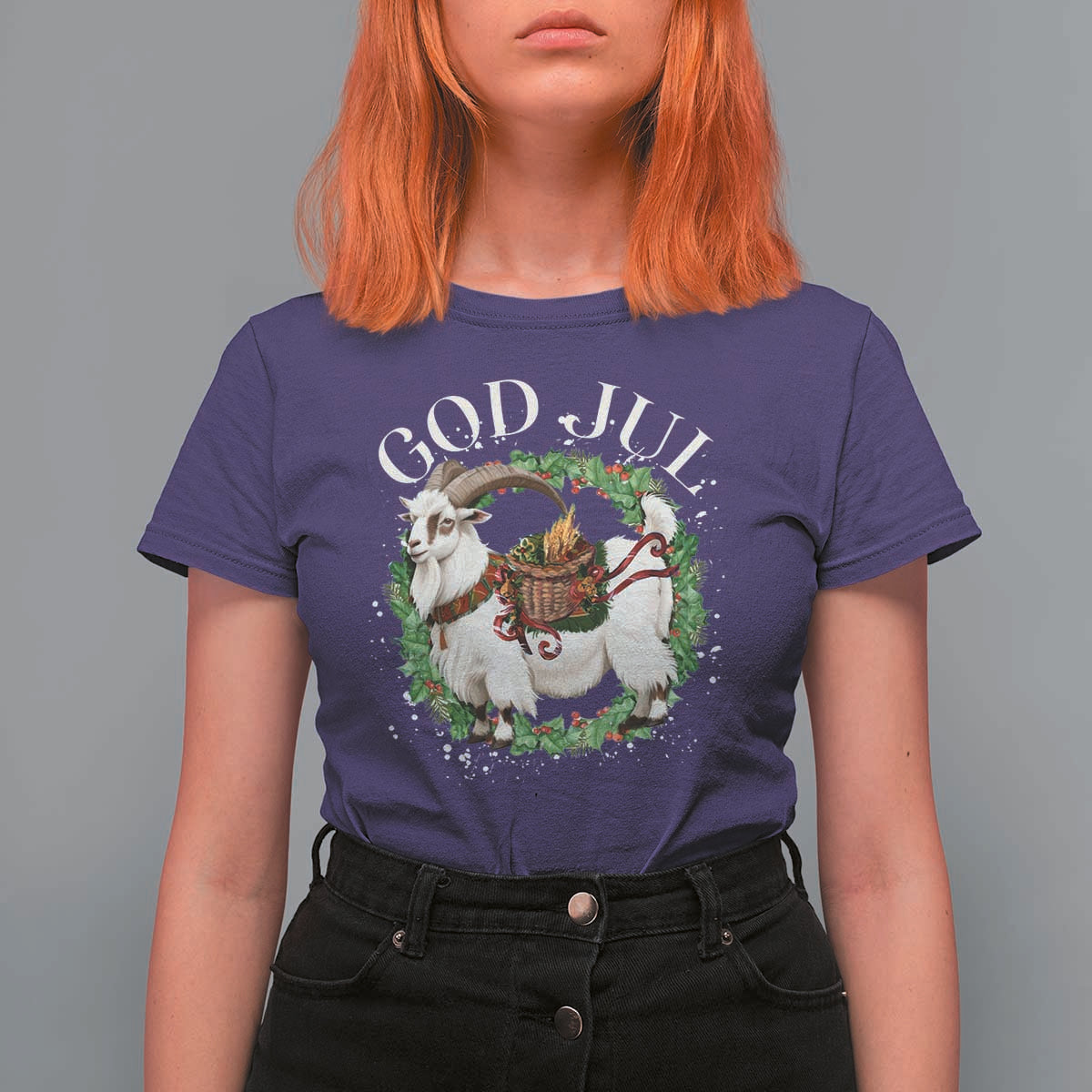 God Jul T Shirt For Women Yule Goat Christmas Wreath Winter Solstice - Wonder Print Shop