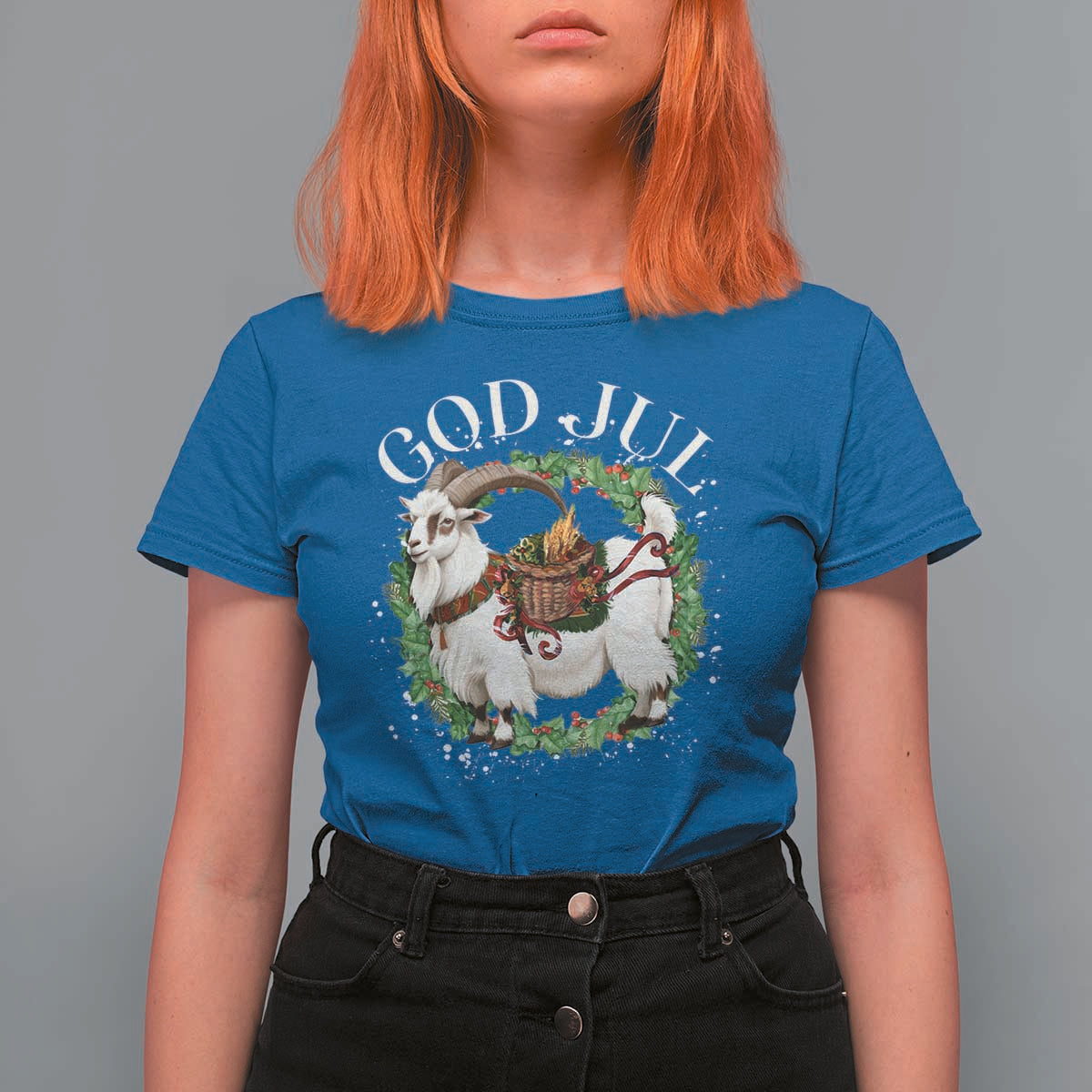 God Jul T Shirt For Women Yule Goat Christmas Wreath Winter Solstice - Wonder Print Shop