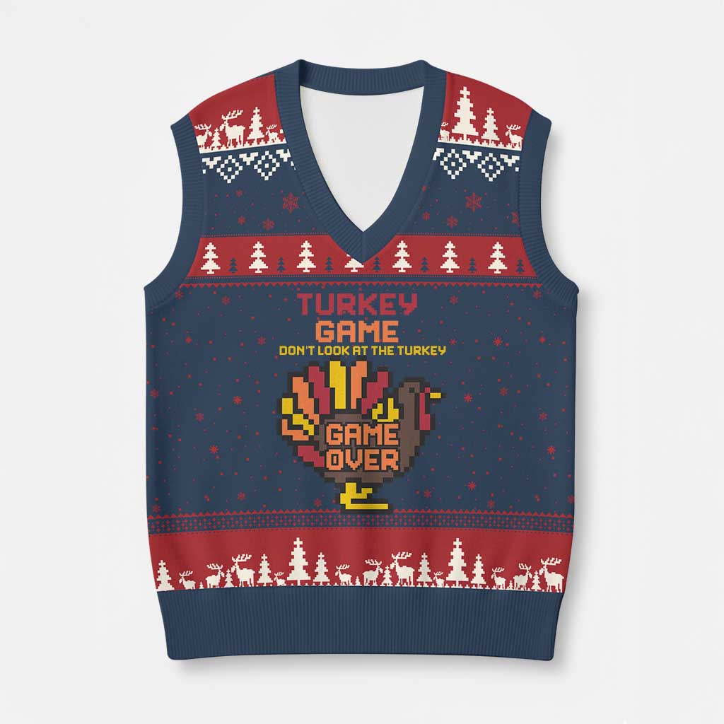 Funny Thanksgiving Turkey V-Neck Knit Sweater Vest Turkey Game Dont Look At The Turkey - Wonder Print Shop