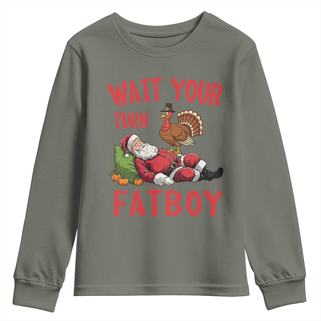Funny Thanksgiving Christmas Youth Sweatshirt Wait Your Turn Fat Boy Turkey Santa - Wonder Print Shop