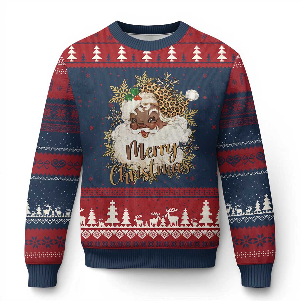 Funny Retro Black Santa Merry Xmas Leopard Ugly Christmas Sweater - Wonder Print Shop