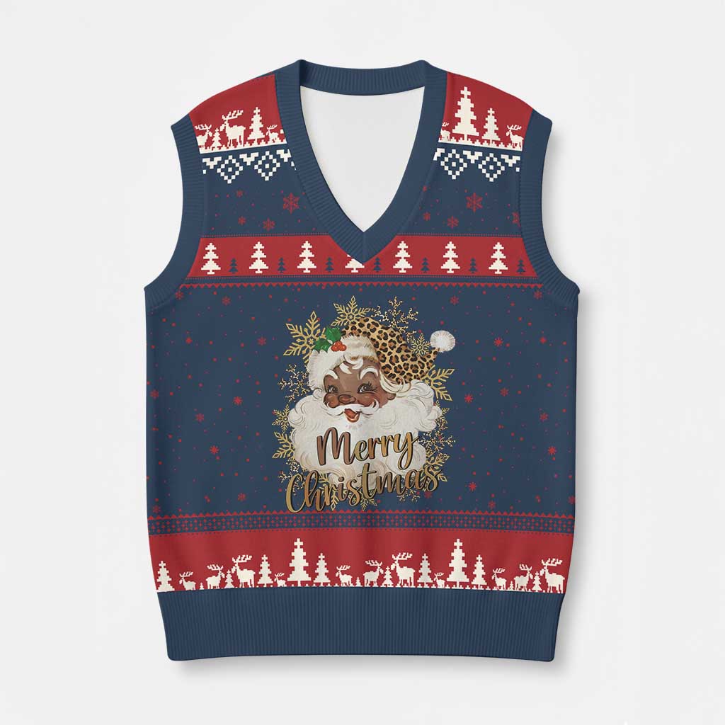 Funny Retro Black Santa Merry Xmas Leopard V-Neck Knit Sweater Vest - Wonder Print Shop