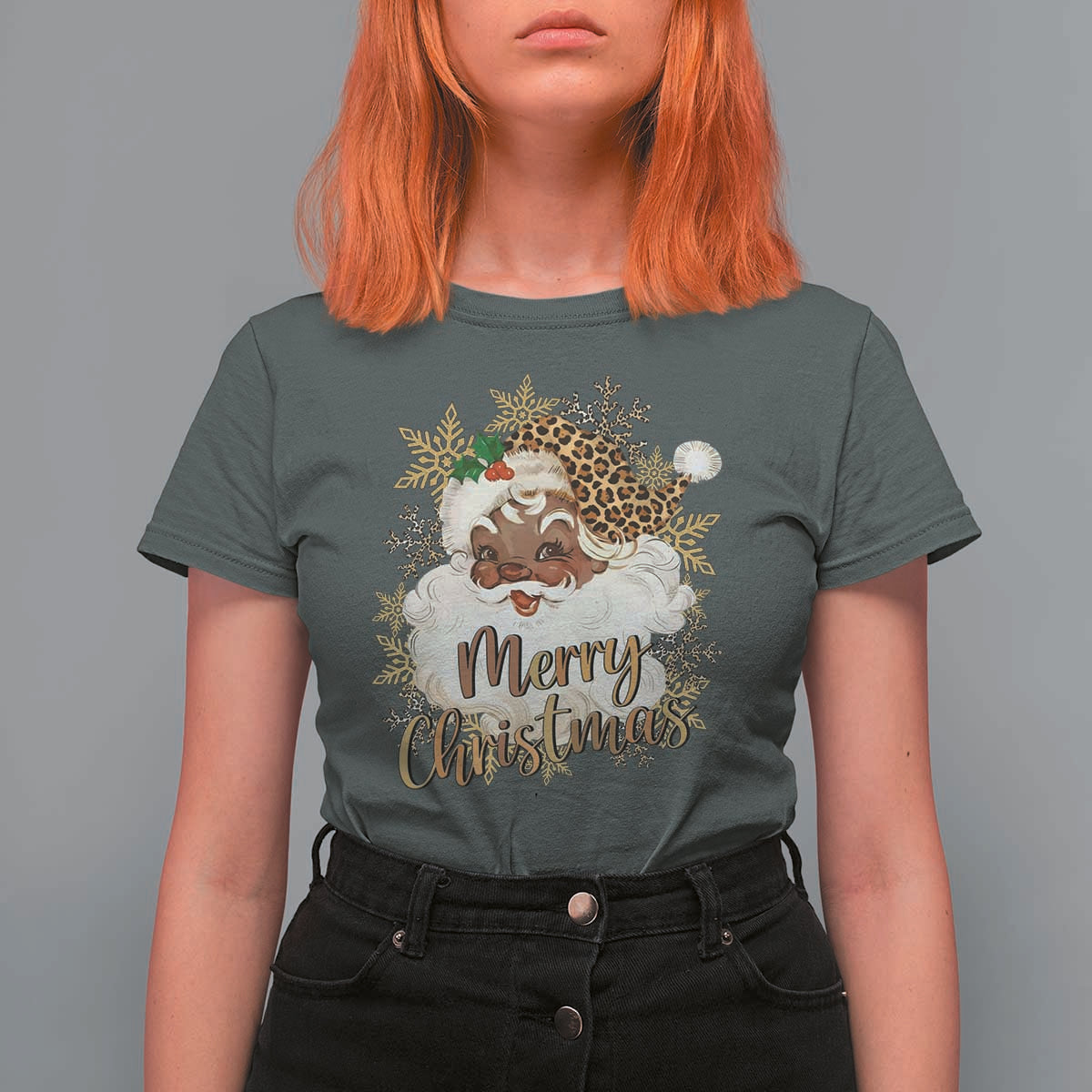 Funny Retro Black Santa Merry Christmas Leopard T Shirt For Women - Wonder Print Shop