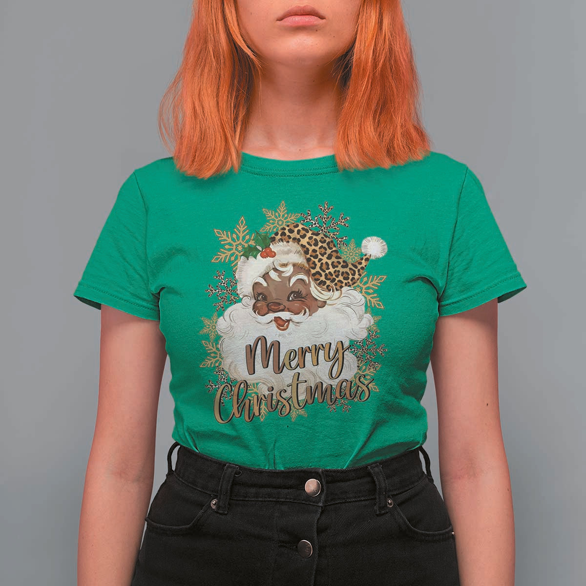 Funny Retro Black Santa Merry Christmas Leopard T Shirt For Women - Wonder Print Shop