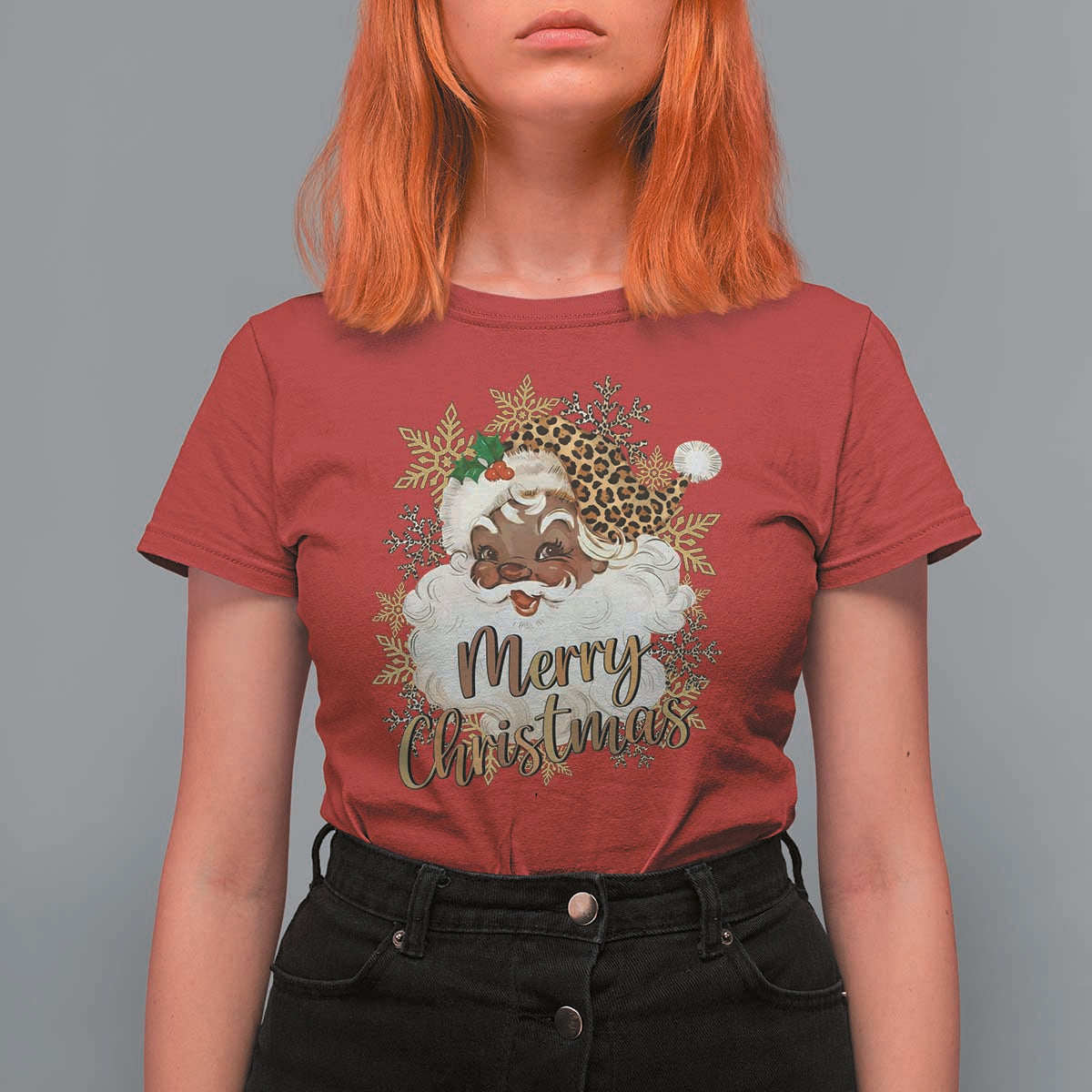 Funny Retro Black Santa Merry Christmas Leopard T Shirt For Women - Wonder Print Shop