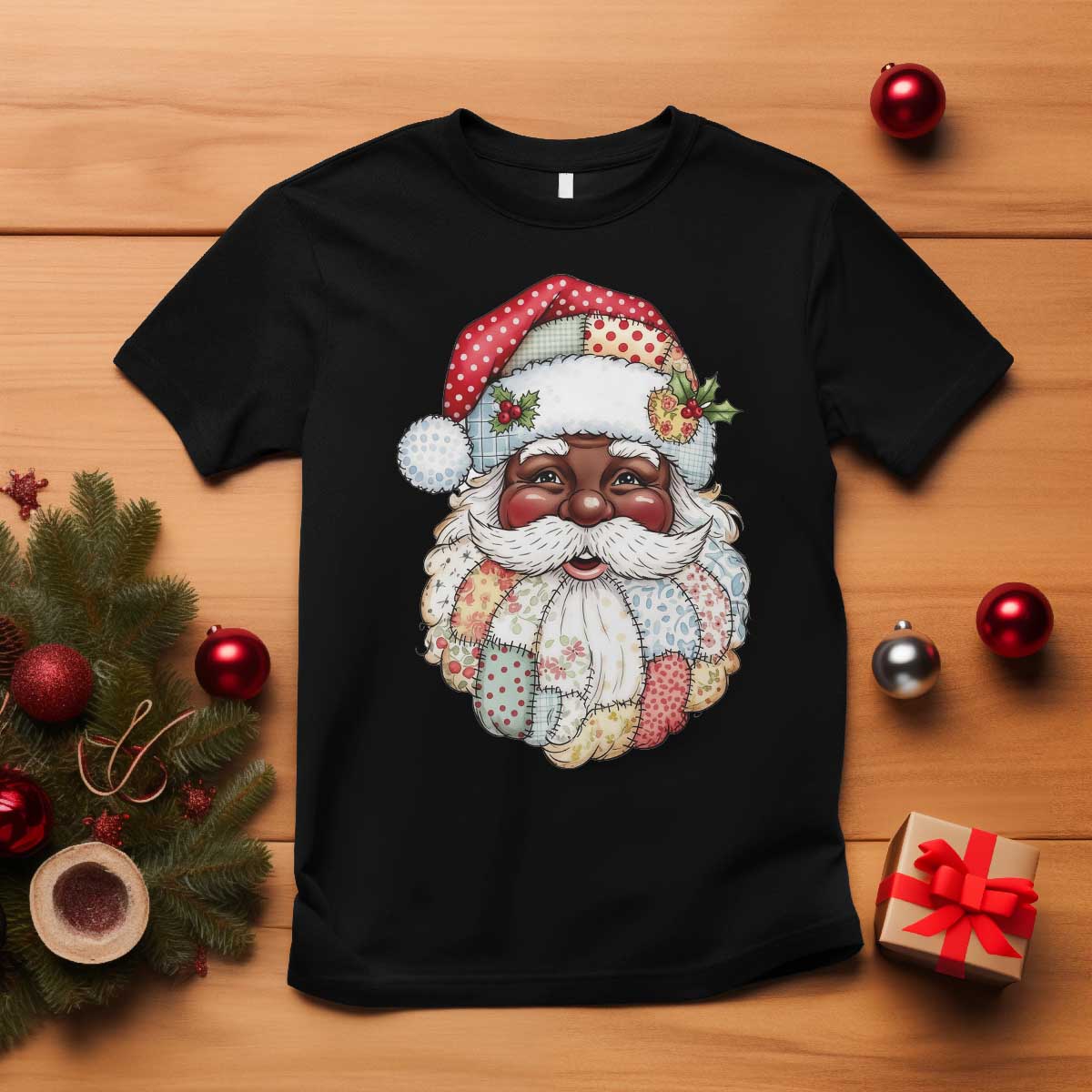 African American Christmas Retro Patchwork Black Santa T Shirt - Wonder Print Shop