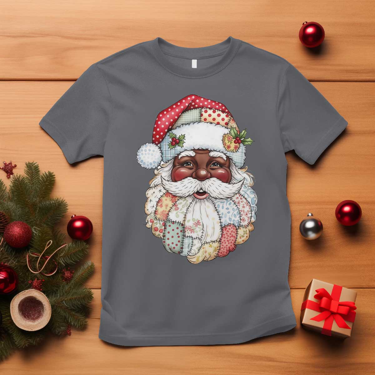 African American Christmas Retro Patchwork Black Santa T Shirt - Wonder Print Shop