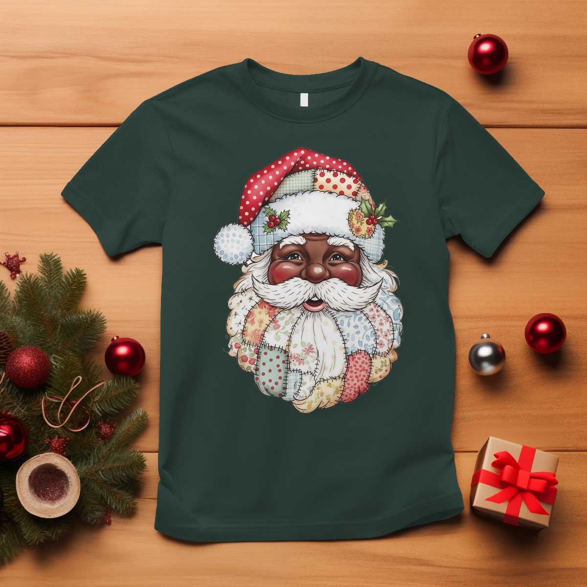 African American Christmas Retro Patchwork Black Santa T Shirt - Wonder Print Shop