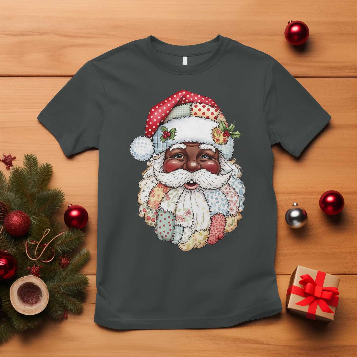 African American Christmas Retro Patchwork Black Santa T Shirt - Wonder Print Shop
