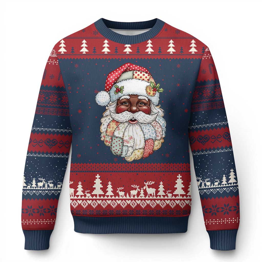 African American Xmas Retro Patchwork Black Santa Ugly Christmas Sweater - Wonder Print Shop