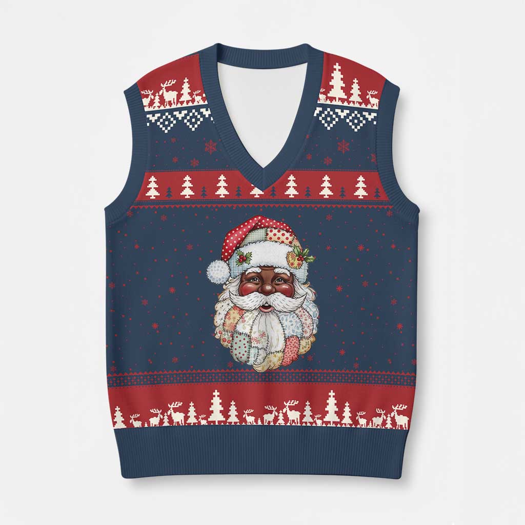 African American Xmas Retro Patchwork Black Santa V-Neck Knit Sweater Vest - Wonder Print Shop