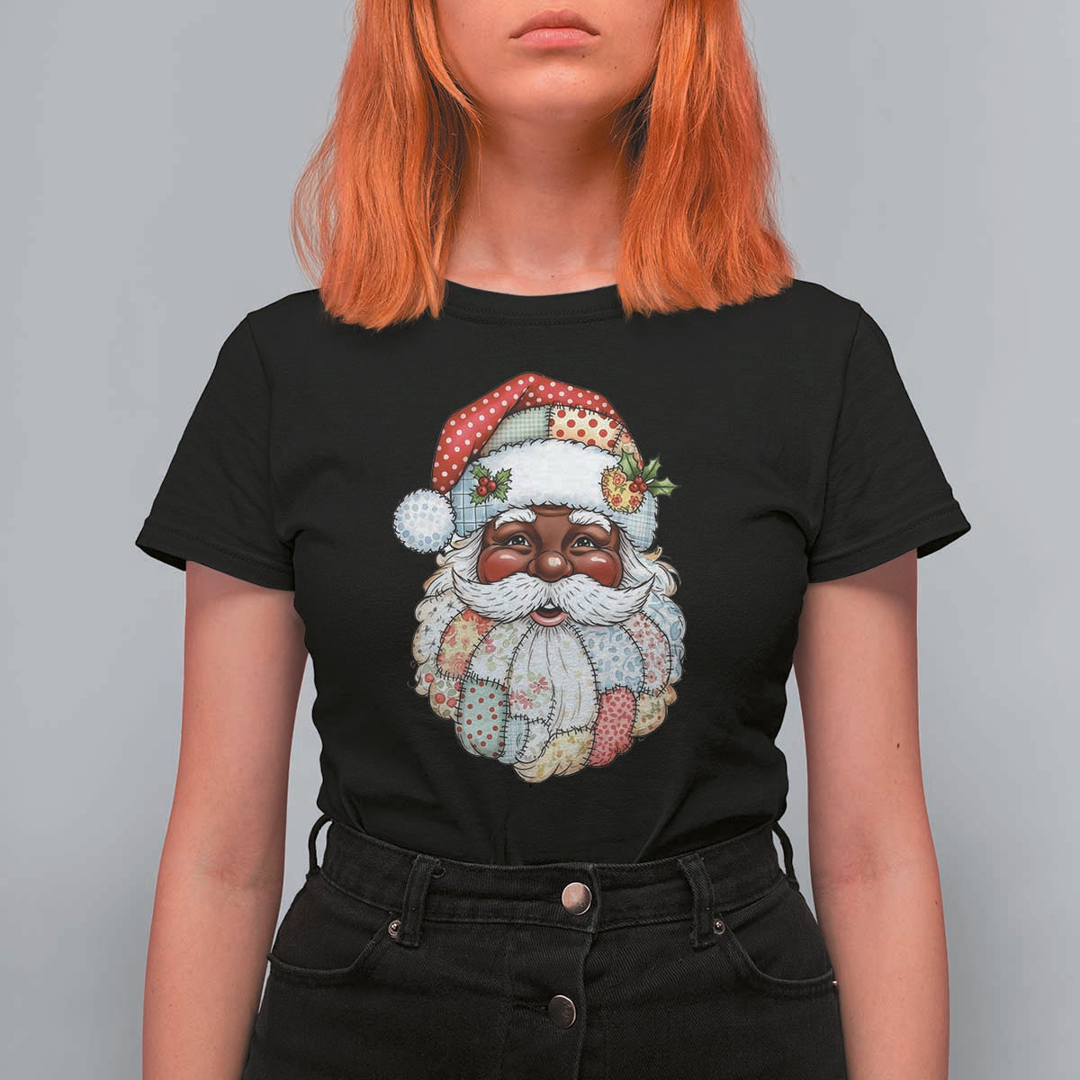 African American Christmas Retro Patchwork Black Santa T Shirt For Women - Wonder Print Shop