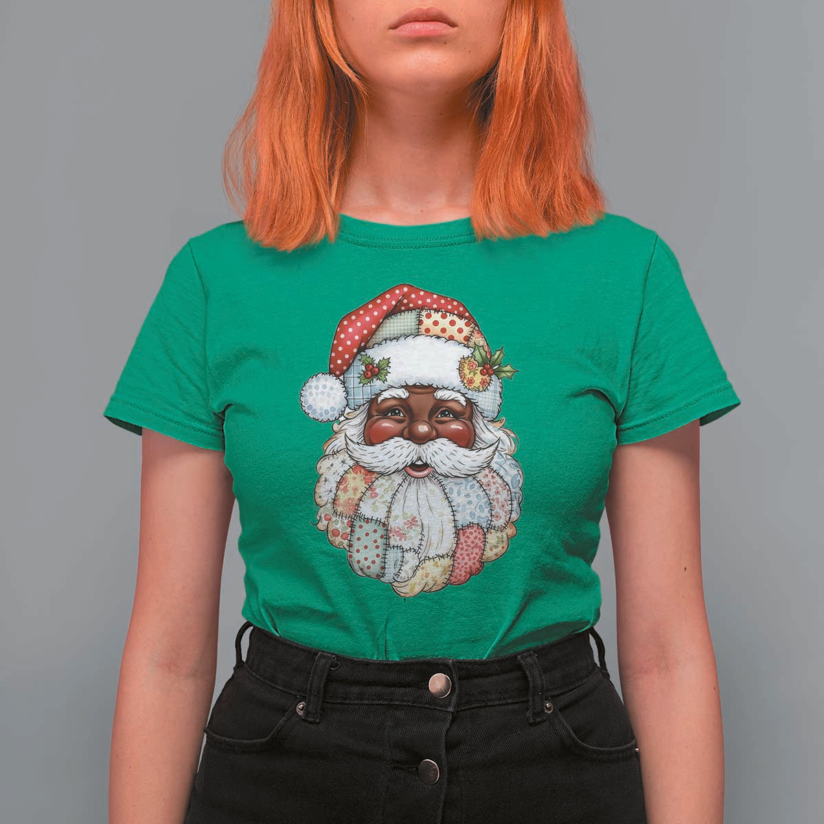African American Christmas Retro Patchwork Black Santa T Shirt For Women - Wonder Print Shop