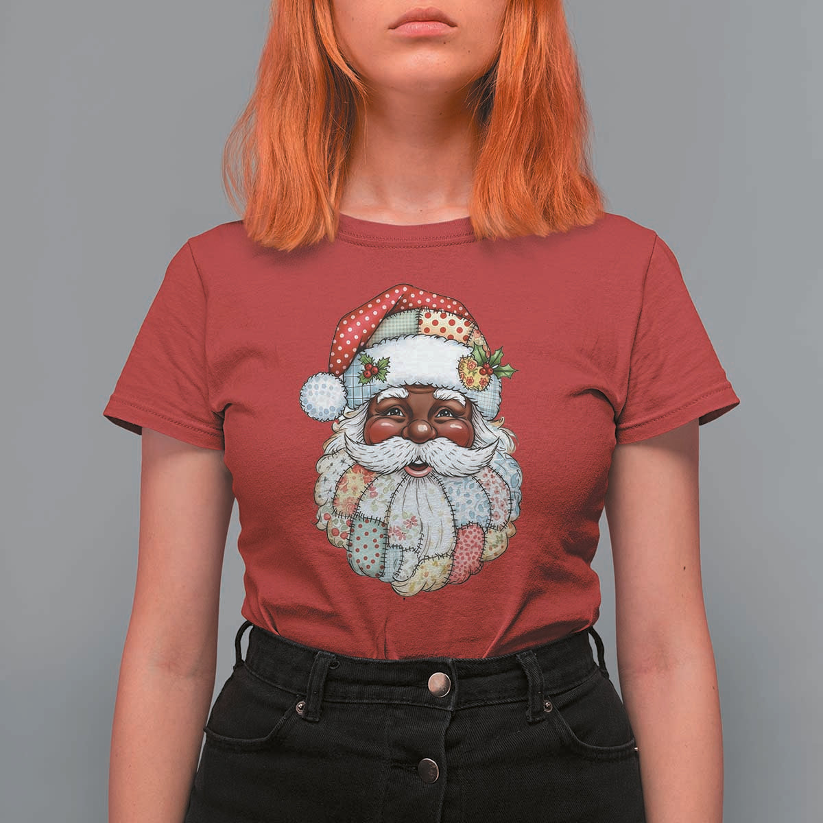 African American Christmas Retro Patchwork Black Santa T Shirt For Women - Wonder Print Shop