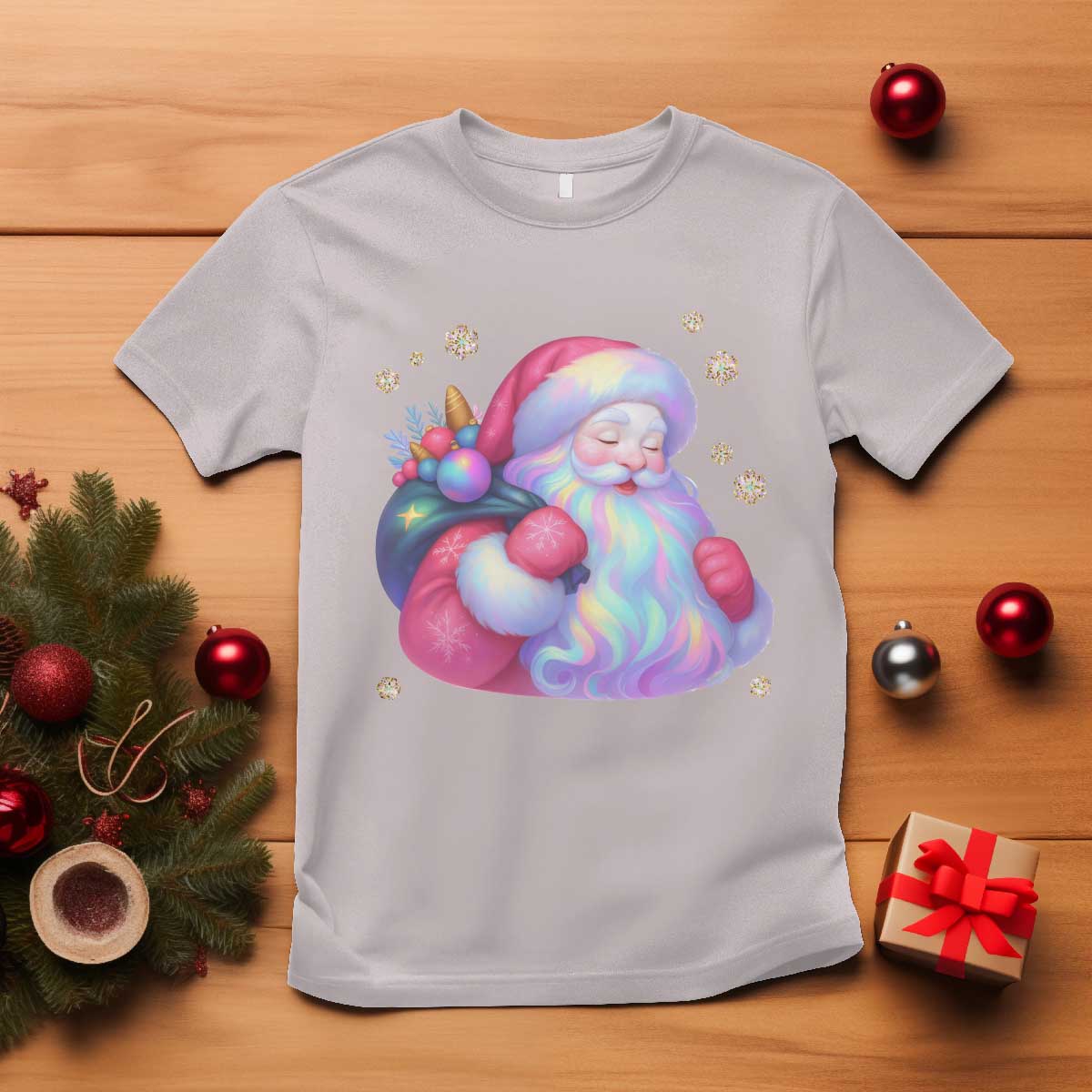 Iridescent Christmas Santa Printed Coquette Xmas T Shirt - Wonder Print Shop