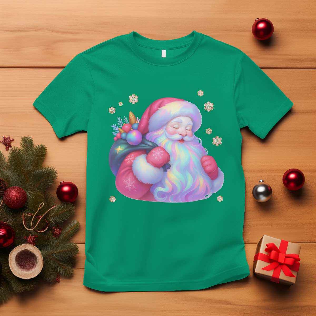Iridescent Christmas Santa Printed Coquette Xmas T Shirt - Wonder Print Shop