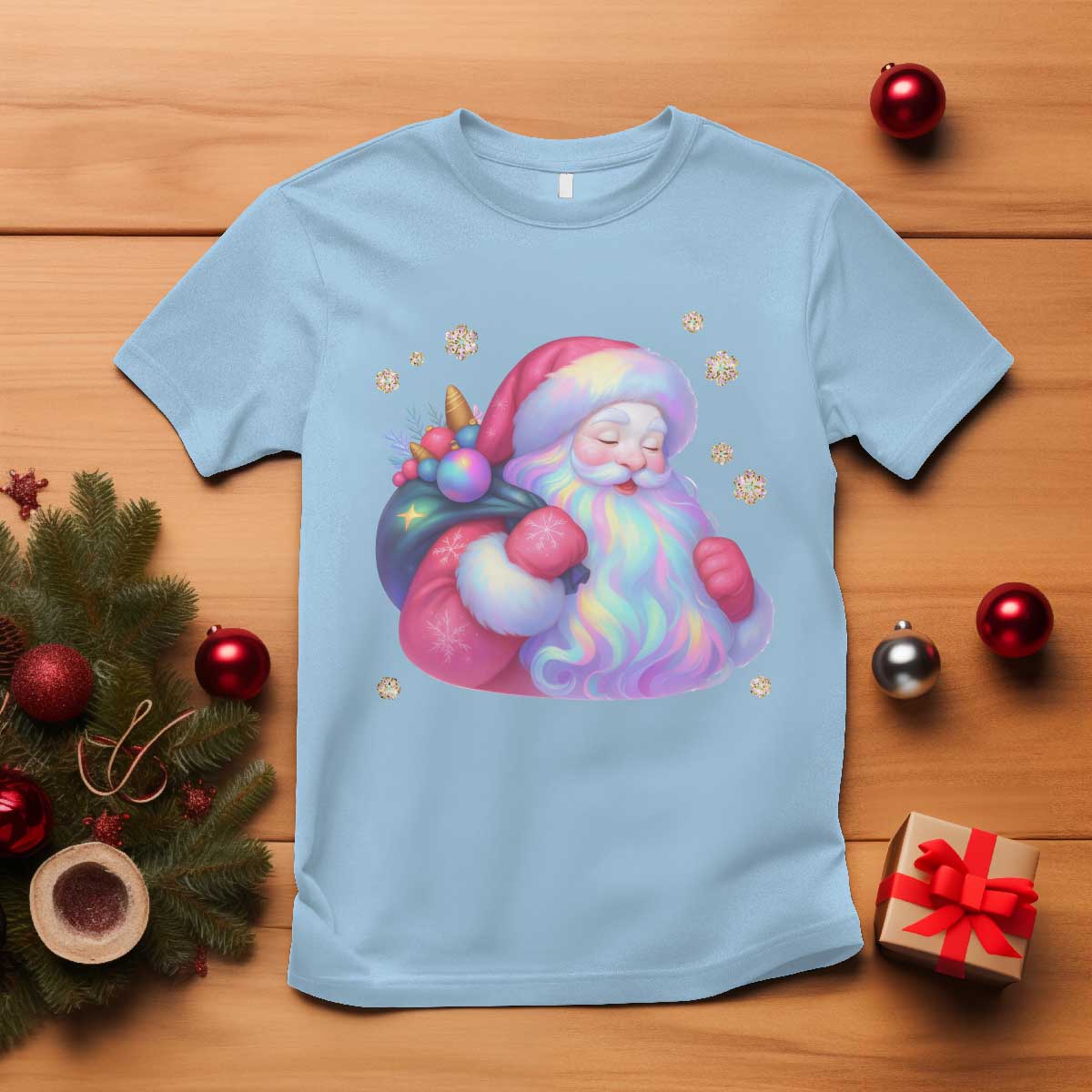 Iridescent Christmas Santa Printed Coquette Xmas T Shirt - Wonder Print Shop