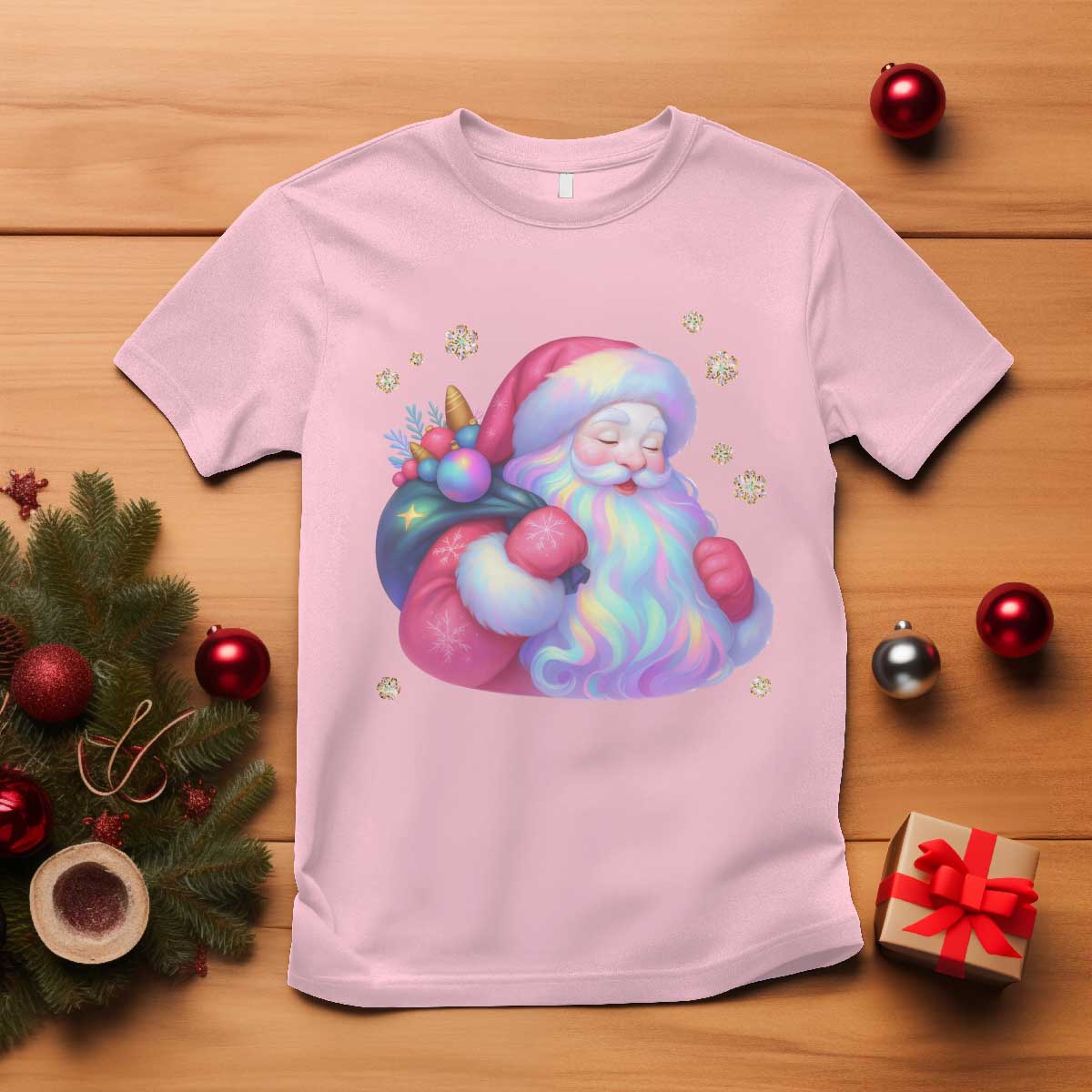 Iridescent Christmas Santa Printed Coquette Xmas T Shirt - Wonder Print Shop