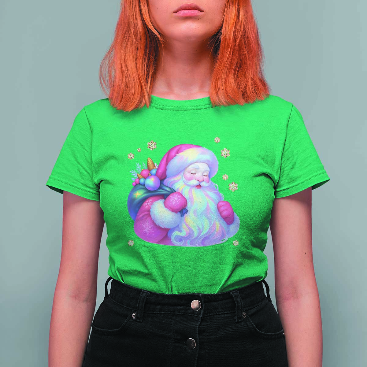 Iridescent Christmas Santa Printed Coquette Xmas T Shirt For Women - Wonder Print Shop