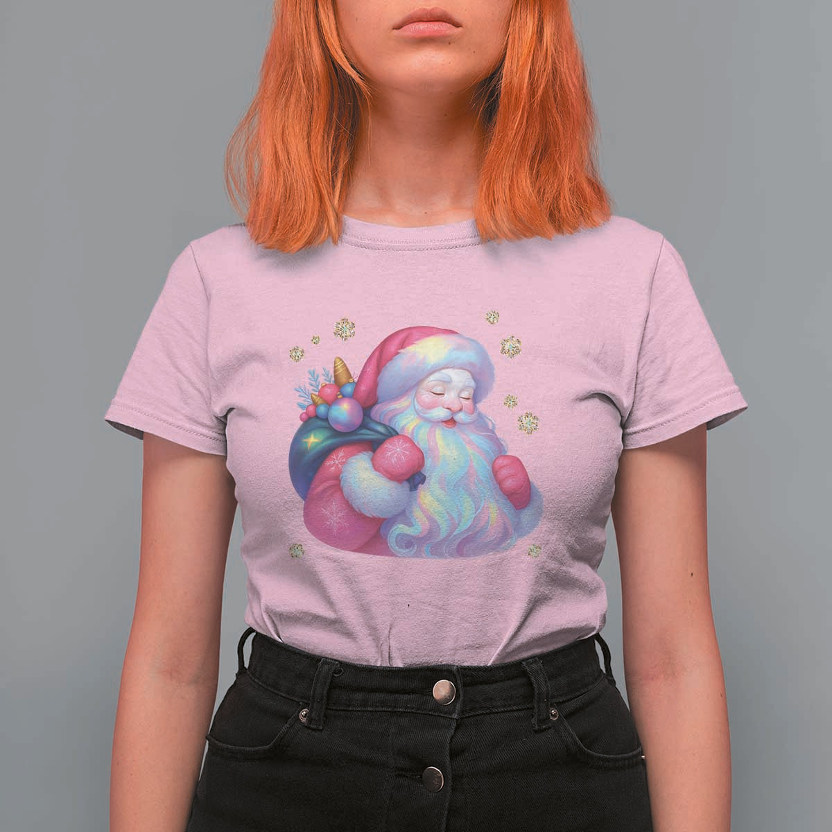 Iridescent Christmas Santa Printed Coquette Xmas T Shirt For Women - Wonder Print Shop