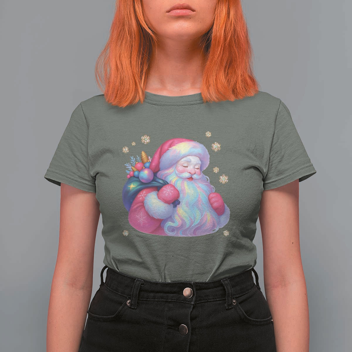 Iridescent Christmas Santa Printed Coquette Xmas T Shirt For Women - Wonder Print Shop