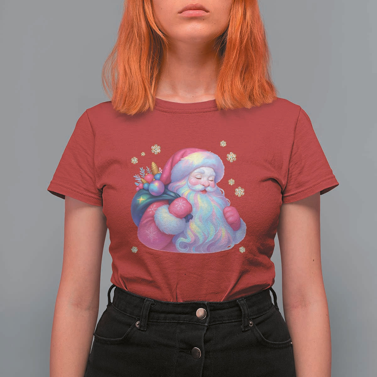 Iridescent Christmas Santa Printed Coquette Xmas T Shirt For Women - Wonder Print Shop