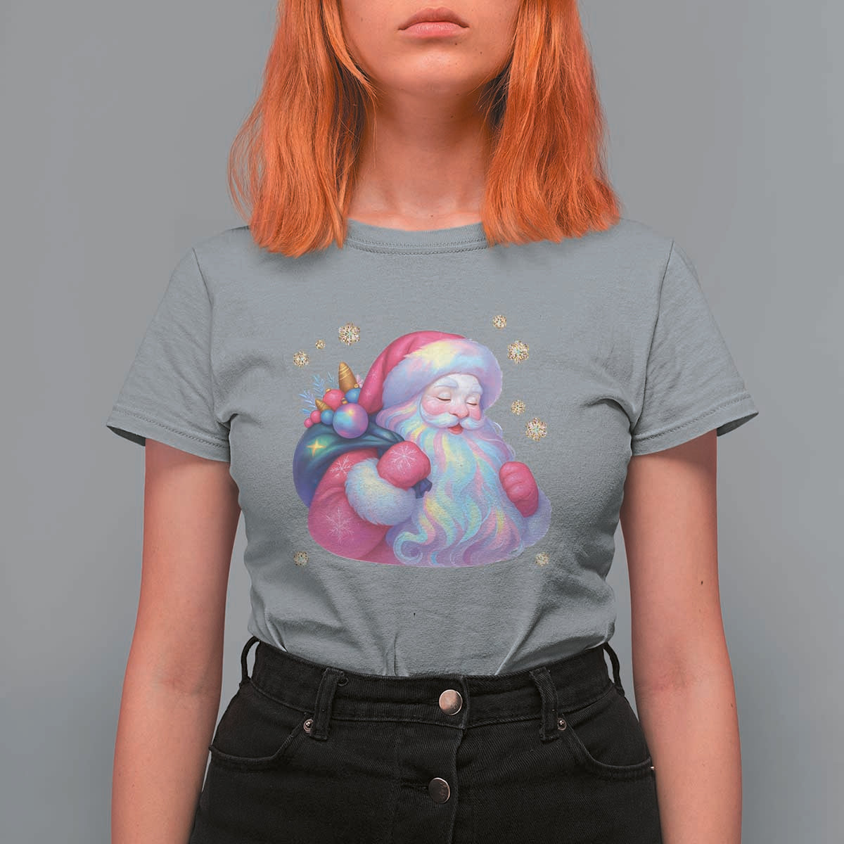 Iridescent Christmas Santa Printed Coquette Xmas T Shirt For Women - Wonder Print Shop