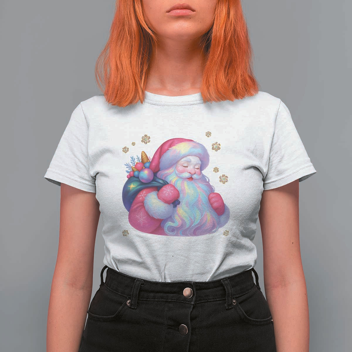 Iridescent Christmas Santa Printed Coquette Xmas T Shirt For Women - Wonder Print Shop