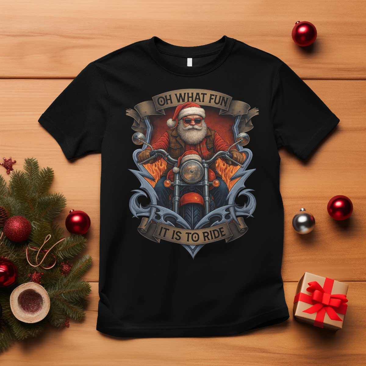 Funny Christmas Motorcycle Santa T Shirt Oh What Fun It Is To Ride Xmas Biker - Wonder Print Shop