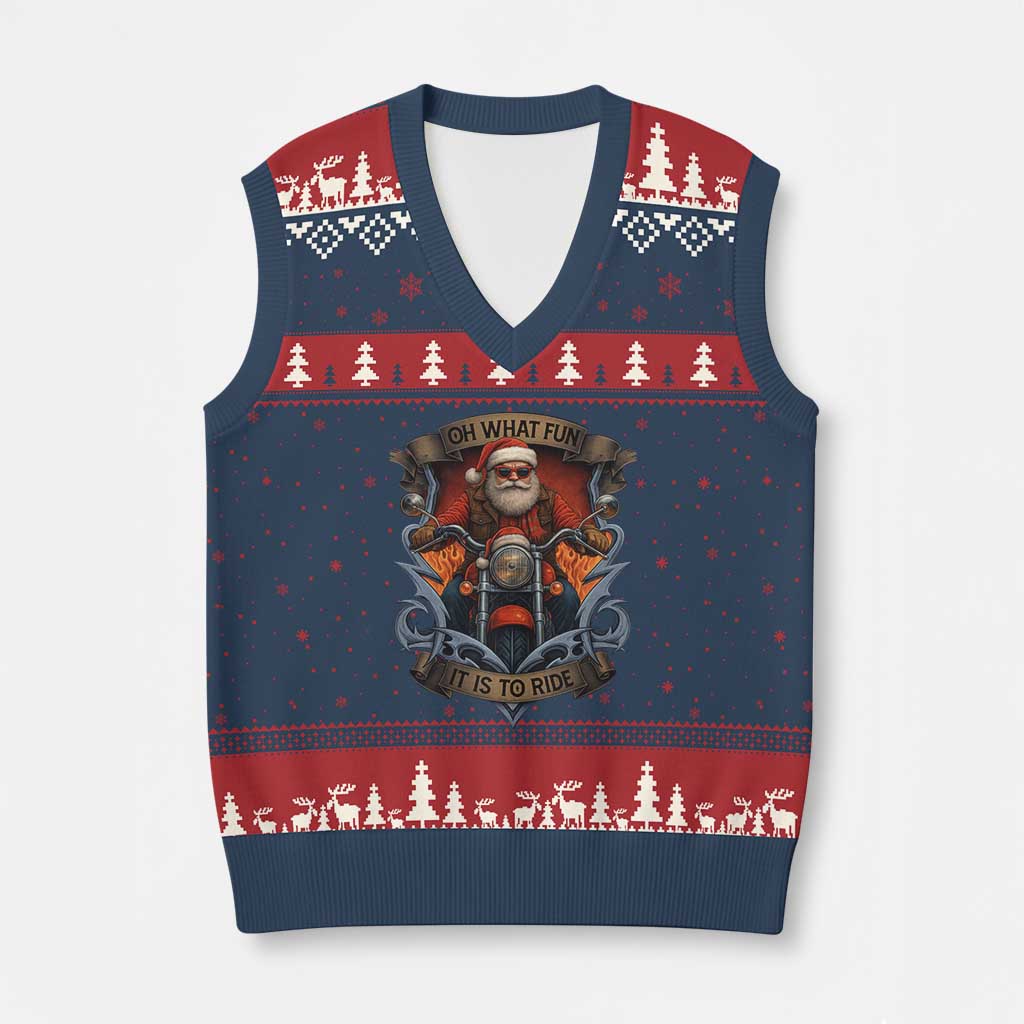 Funny Xmas Motorcycle Santa V-Neck Knit Sweater Vest Oh What Fun It Is To Ride Xmas Biker - Wonder Print Shop