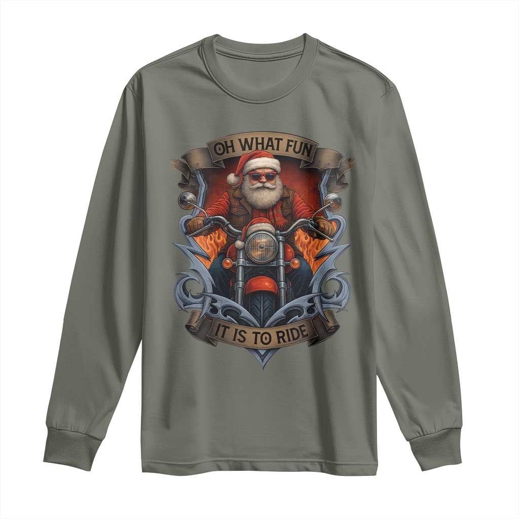 Funny Christmas Motorcycle Santa Long Sleeve Shirt Oh What Fun It Is To Ride Xmas Biker - Wonder Print Shop