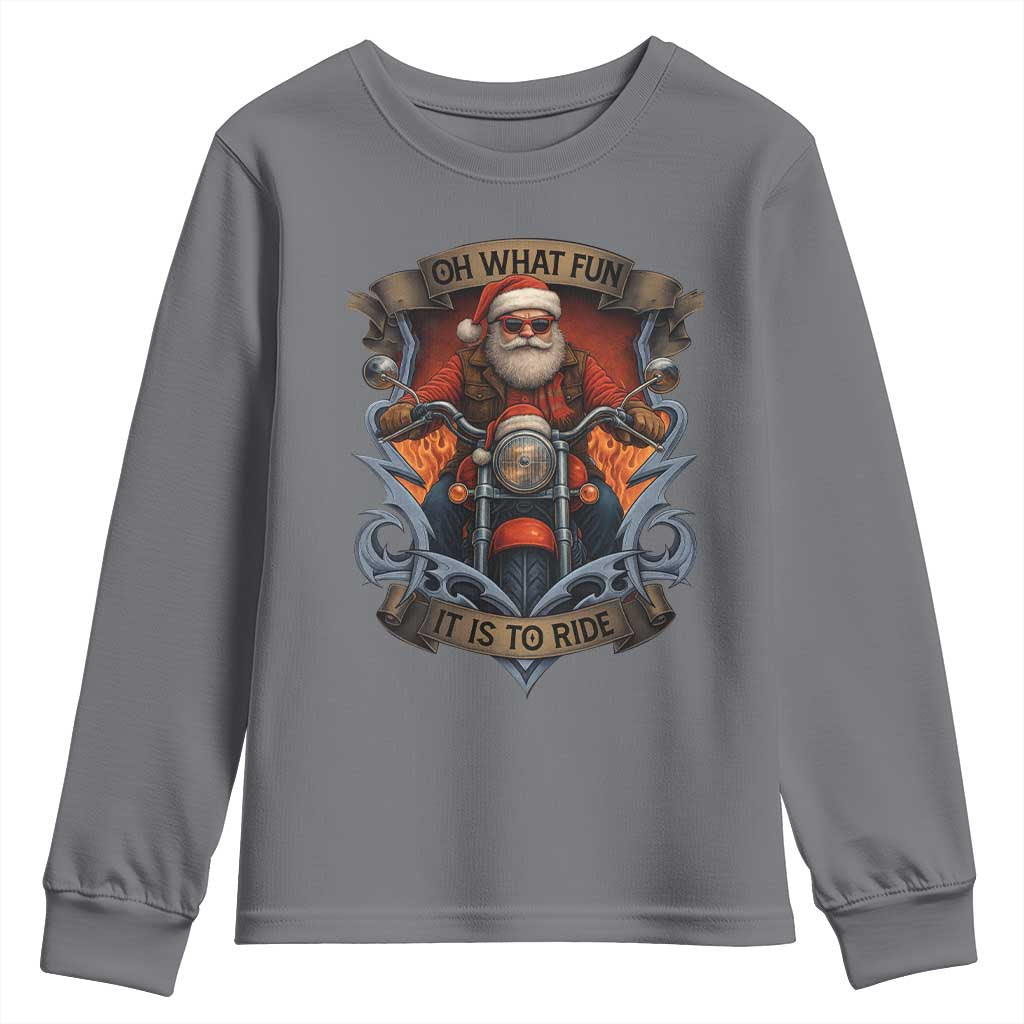 Funny Christmas Motorcycle Santa Youth Sweatshirt Oh What Fun It Is To Ride Xmas Biker - Wonder Print Shop